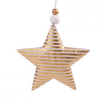 Новогоднее украшение Золотая звезда в полоску текстиль белое/золотистое (диаметр 10.5 см)