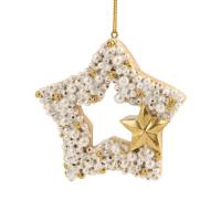 Новогоднее украшение Пряник-звезда с бусинами полирезина белое/золотистое (диаметр 7.5 см)